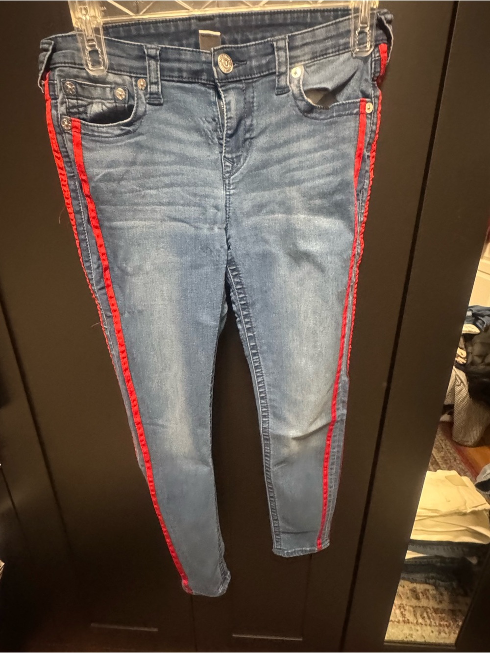 True Religion Women's Skinny Blue Jeans with Red Side Stripes